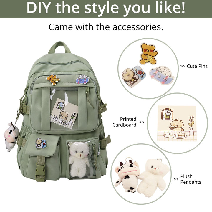 Kawaii Backpack Lovely Pastel Rucksack for Teen Girls Aesthetic Student Bookbags with Kawaii Pin and Cute Accessories (Blue-C-1)