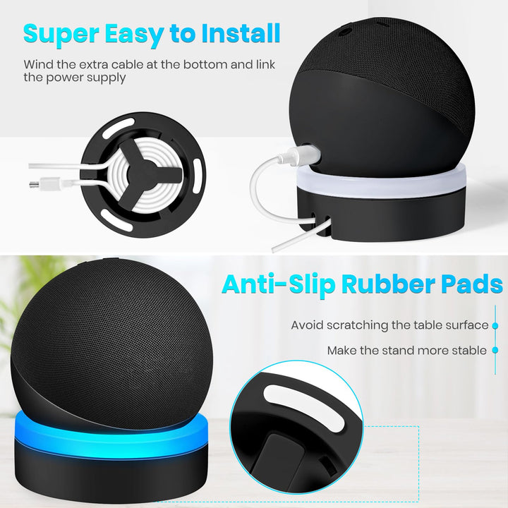 Table Holder for Echo Dot 4th/5th Generation, Desktop Stand Mount for Echo Dot 4th/5th Gen, Base Bracket with Light Guide, Dot Accessories with Built-in Cable Management, Black