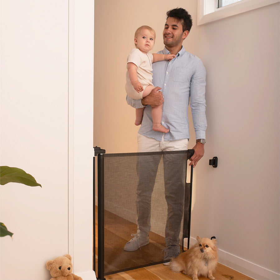 Indoor/Outdoor Retractable Baby Gate 33 Tall, Extends to 71 Wide, Gray