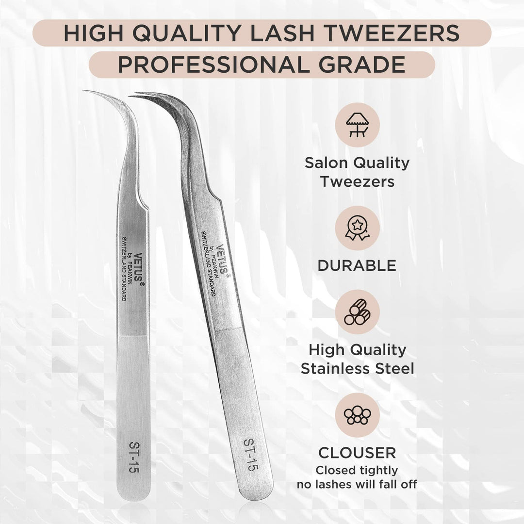Eyelash Extension Tweezers, Professional Lash Tweezers for Make Fans Volume Lashes, Curved Tip Stainless Steel Tweezers ST-15