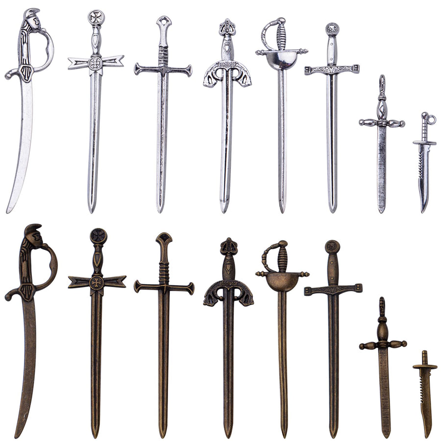 16pcs Craft Supplies Swords Knife Bookmark Charms Long Swords Knife Charms Pendants for Bookmarks, Jewelry Making Accessory