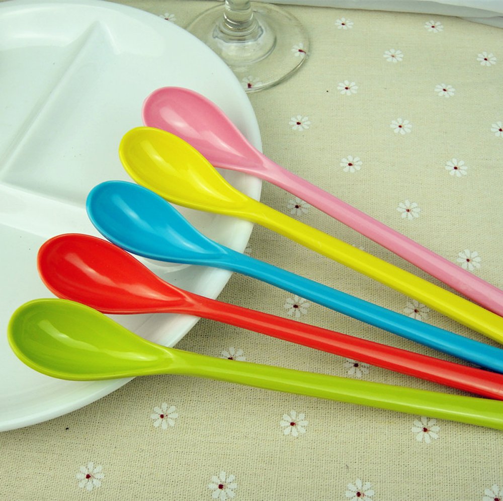 Random Color Melamine Long Handle Mixing Spoon - 7.2 Inch, Set of 5