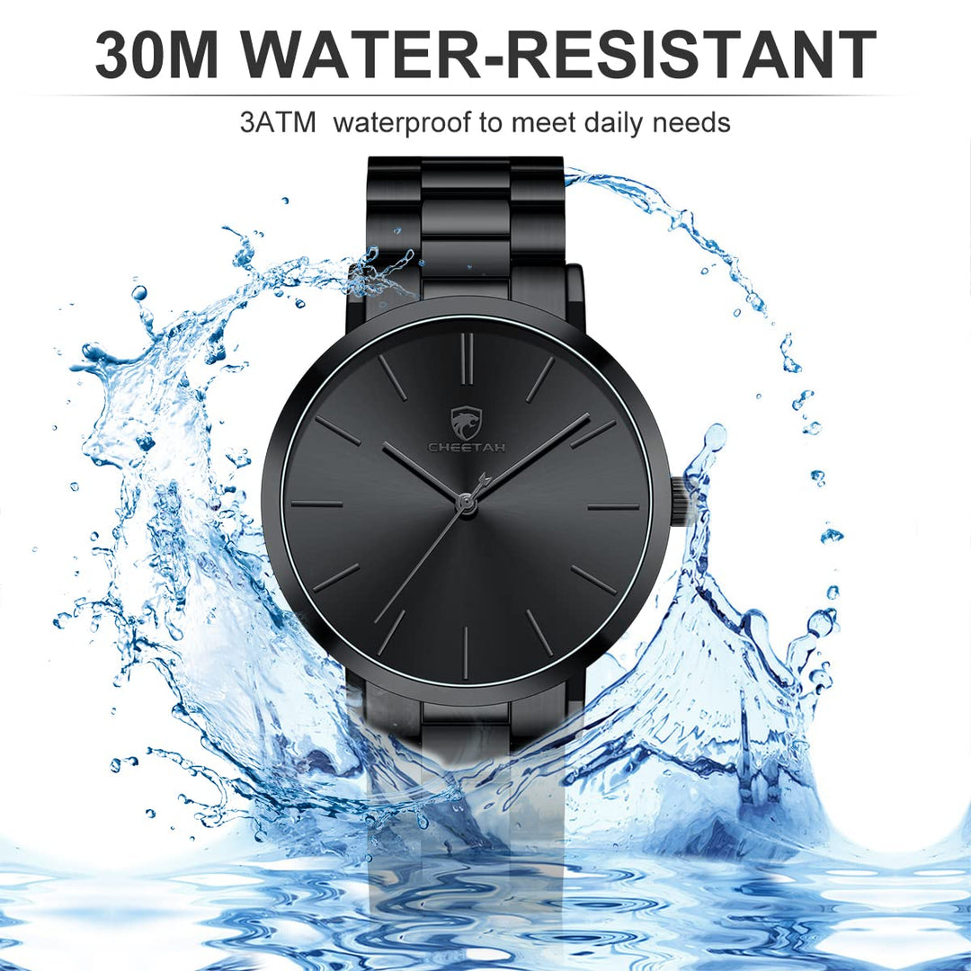Men's Watches Slim Minimalist Runway Black Stainless Steel Quartz Analog Watch with Grey Hands