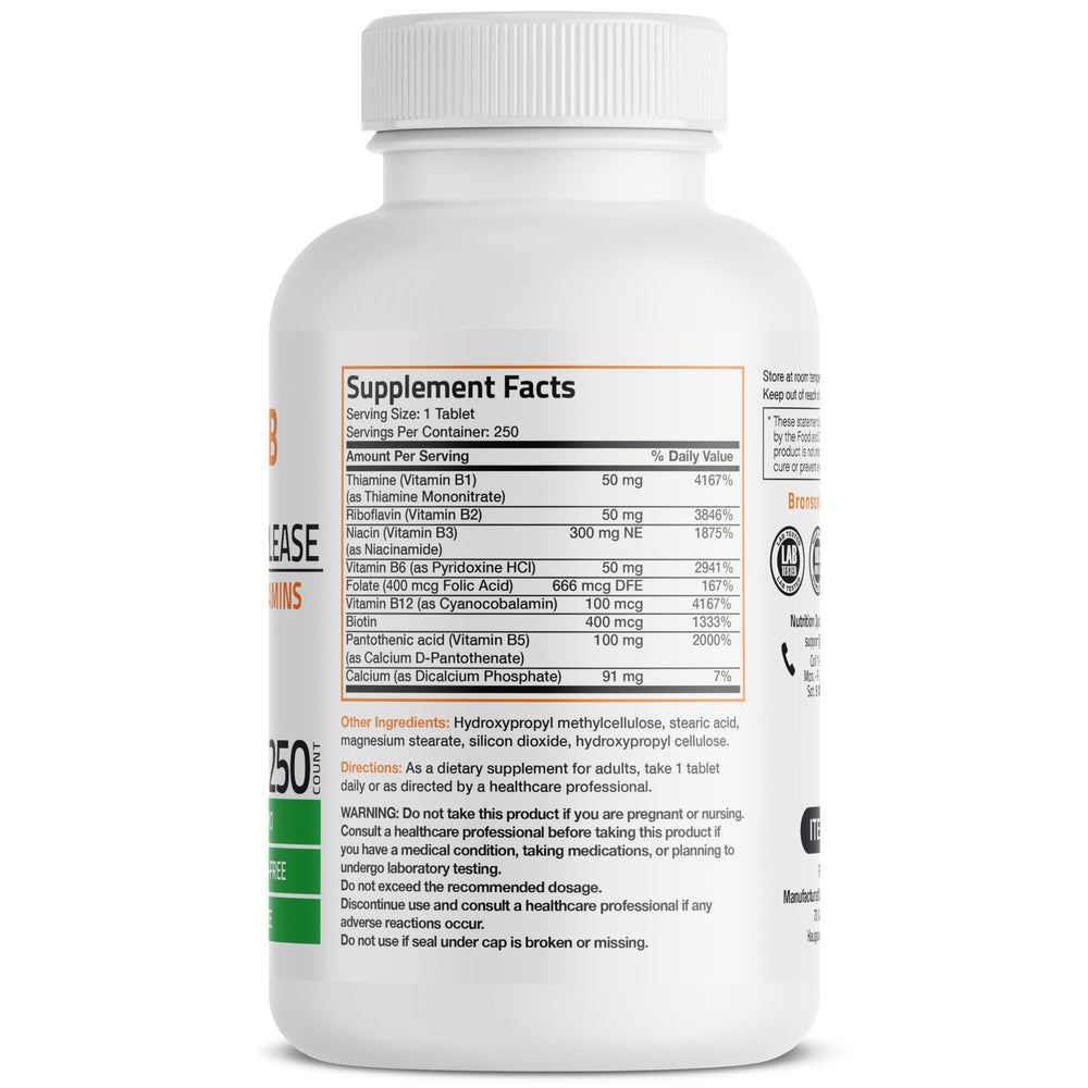 Super B Vitamin B Complex Sustained Slow Release (Vitamin B1, B2, B3, B6, B9 - Folic Acid, B12) Contains All B Vitamins 250 Tablets