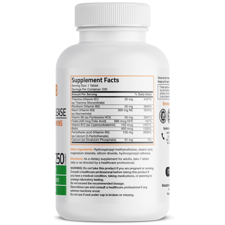 Super B Vitamin B Complex Sustained Slow Release (Vitamin B1, B2, B3, B6, B9 - Folic Acid, B12) Contains All B Vitamins 250 Tablets