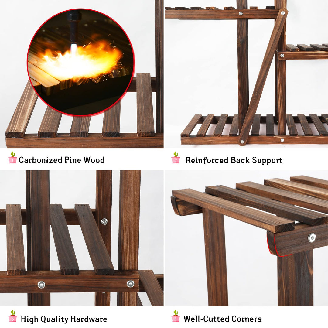 9 Tier Wood Plant Stand Carbonized Flower Rack 17 Potted Organizer Tall Plant Display Shelf for Indoor Outdoor Patio Garden Corner Balcony Living Room Kitchen