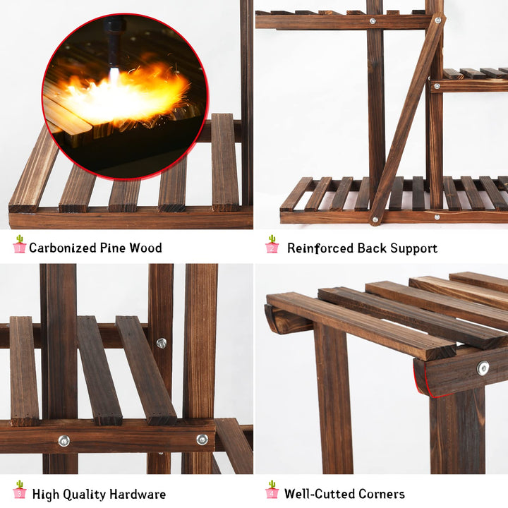 9 Tier Wood Plant Stand Carbonized Flower Rack 17 Potted Organizer Tall Plant Display Shelf for Indoor Outdoor Patio Garden Corner Balcony Living Room Kitchen