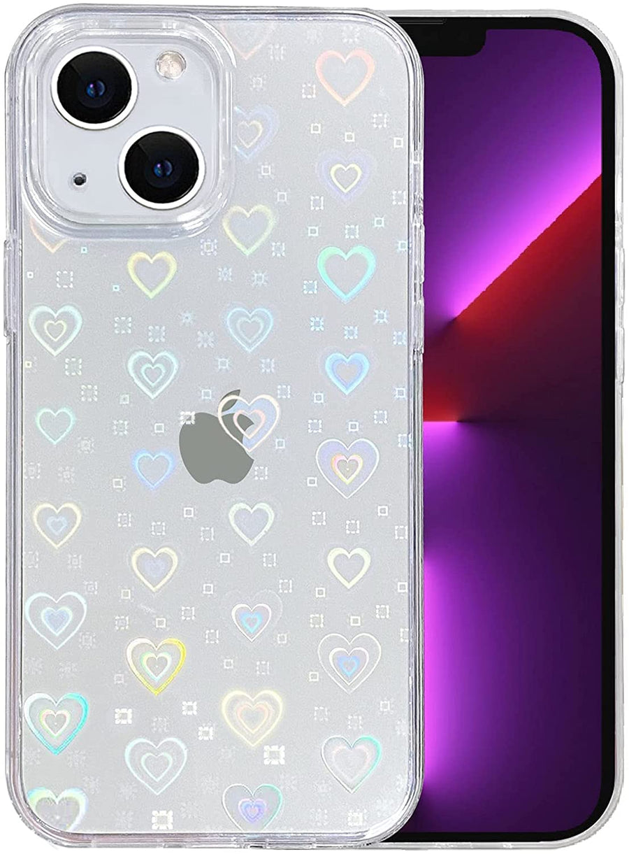 Compatible with iPhone 13 Mini Case, for Laser Glitter Bling Heart Soft & Flexible TPU and Hard PC Back Shockproof Cover Women Girls Heart Pattern Phone Case (Rainbow Heart/Clear)