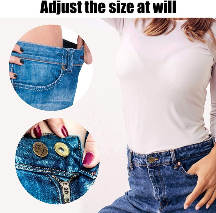 6PCS Perfect Fit Instant Button Pin, Instant jeans Buttons tightener, Jean Replacement Buttons Removable Button for loose jeans No Sew Buttons to Extend or Reduce an Inch to Any Pants Waist in Seconds