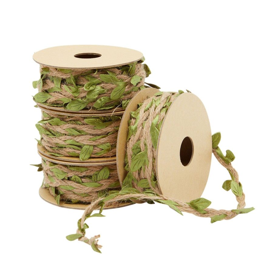 Burlap Leaf Ribbon - Jungle, Safari & Fairy Party, Enchanted Forest Decor, Vines for Crafts (4 Rolls, 65.6 Ft Total)