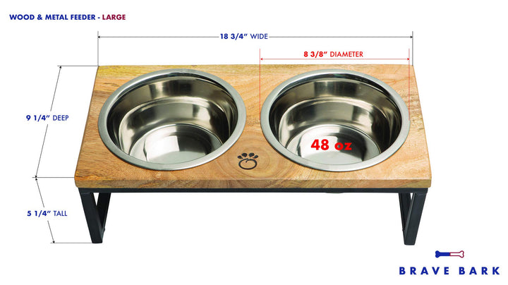 Mango Wood Dog Bowl Stand - Elevated Pet Feeder with 2 Stainless Steel Bowls - Raised Food and Water Dish Set for Dogs and Cats, Available in 4 Sizes, Pet Dining Station, Large/48oz