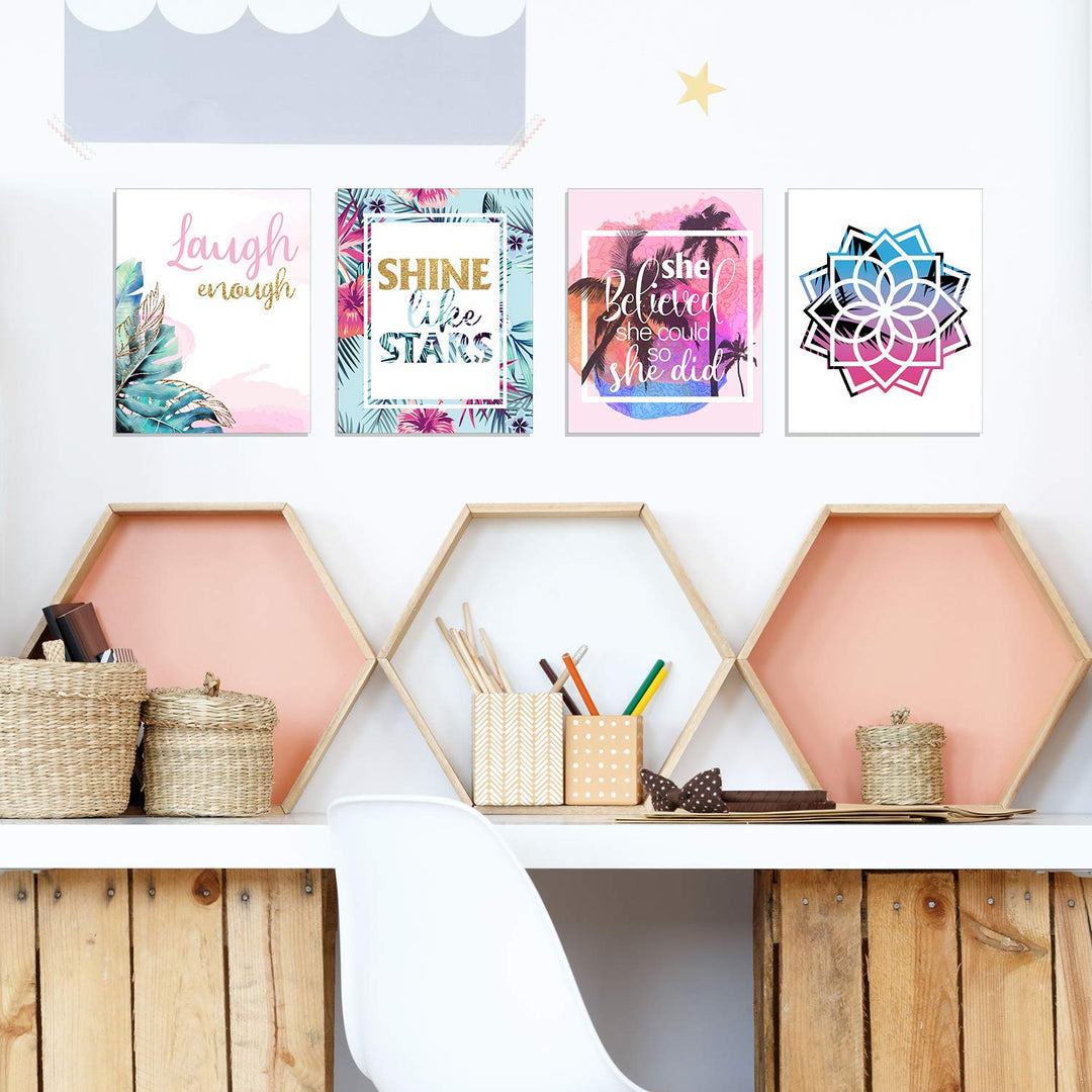 Set of 9 Inspirational Prints Teen Girl Room Wall Art Flamingo Pineapple Leaf Motivational Phrases Posters Girls Bedroom Home Decorations Unframed