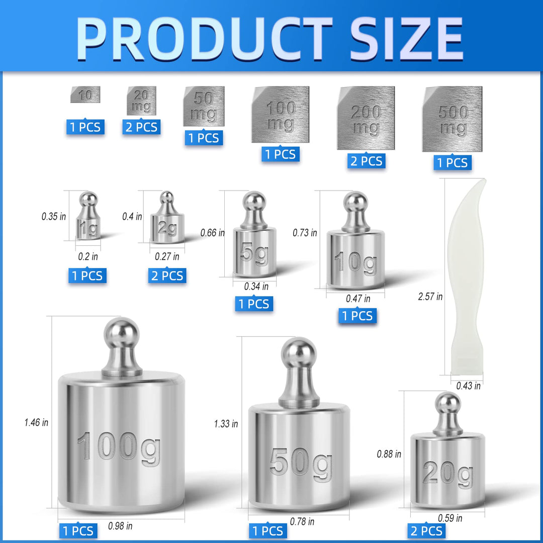 17 Pcs Scale Calibration Weight Kit, 10mg - 100g Precision Steel Calibration Weights, with Tweezers and Case for Digital Jewellery Scale Science Lab Weights Educational