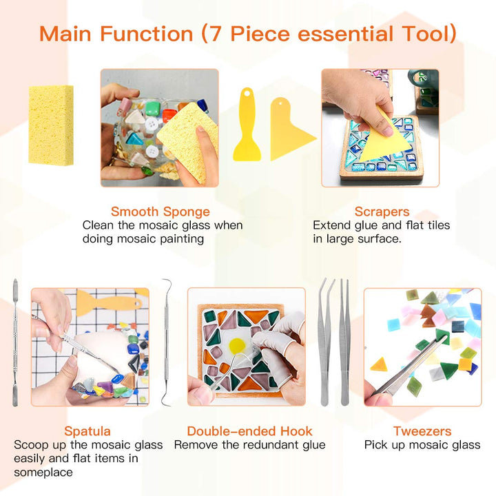 8 Pieces Mosaic Tools Set Including 200mm Heavy Duty Glass Mosaic Cut Nippers, 2 Scrapers, 2 Tweezers, 1 Double-EndedHook, 1 Spatula, 1 Sponge