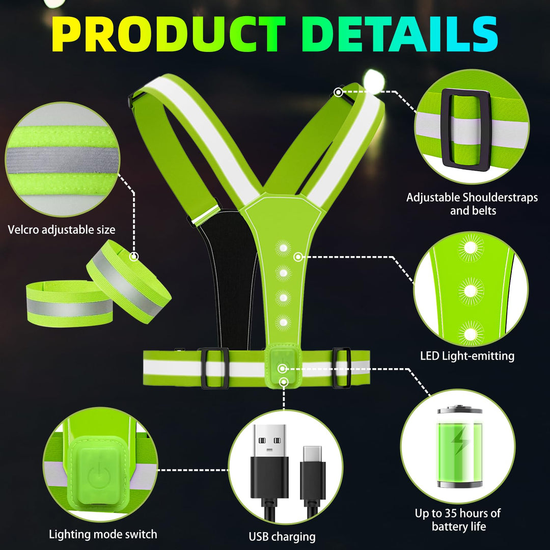 LED Reflective Vest USB Rechargeable Running Gear Night Light up Vest Safety Gear Adjustable Elastic Size Night Running LED VES for Men/Women/Child (Green)