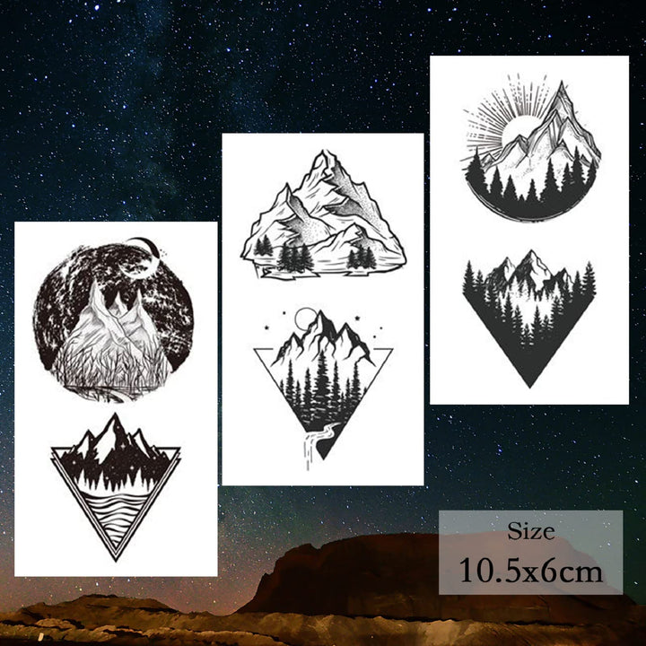 62 Sheets Mountain Temporary Tattoos Stickers, Including Fake Tattoos Waterproof Black Geometry Sun Star Moon Tree Triangle Sea Wave Semi Permanent Tattoos for Adult and Kids