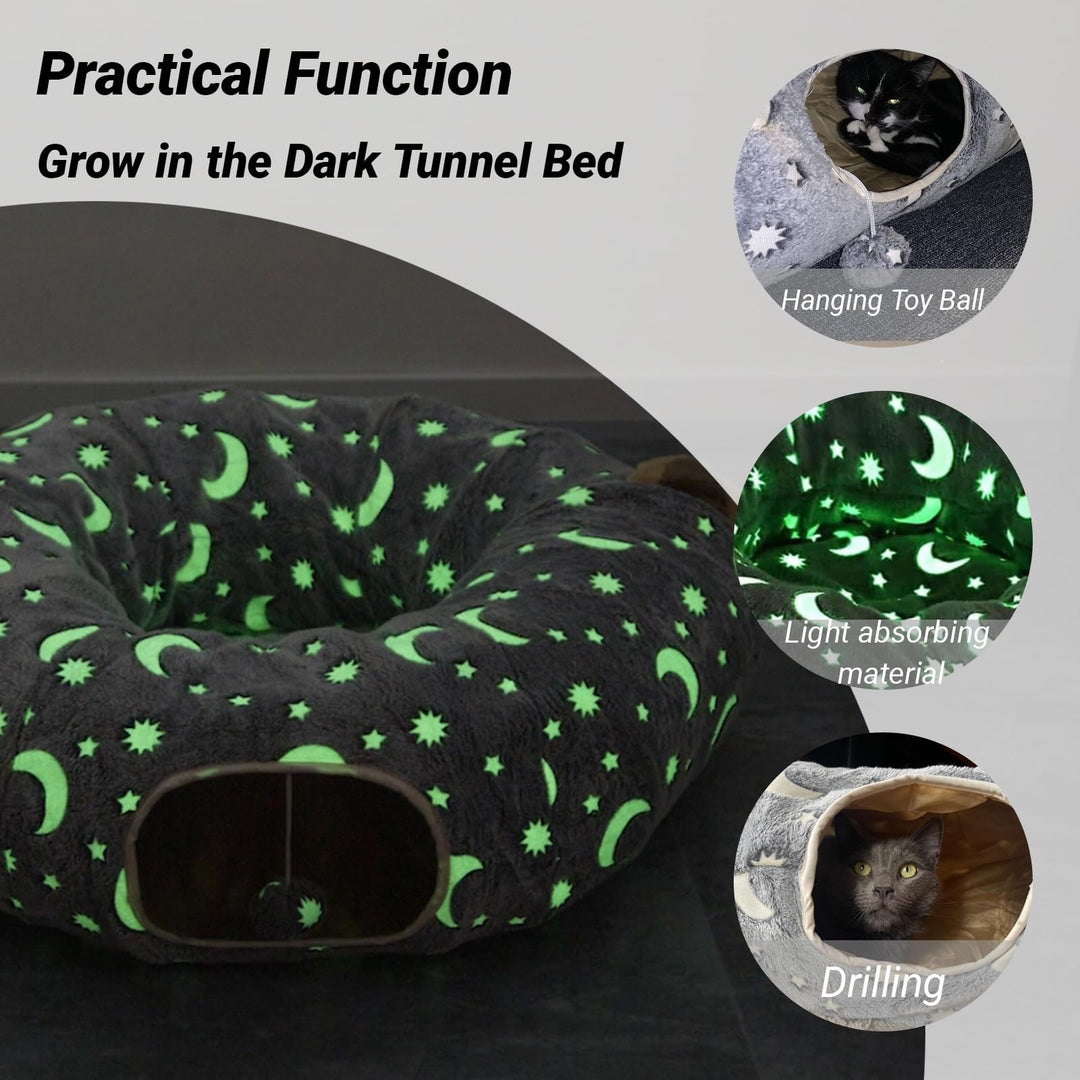 Cat Tunnel Bed Tube with Cushion and Plush Ball Toy Playground Crinkle Collapsible Self-Luminous Flannel Fabric 3FT for Large Cats Kittens Kitty Small Animals Puppy Grey Moon Star
