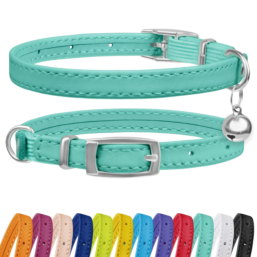 Leather Cat Collar with Bell - Kitten Collar, Small and Big Cat Collar for Boy Cats, Girl Cats with Safety Elastic Strap (Neck Fit 8-11, Mint Green)