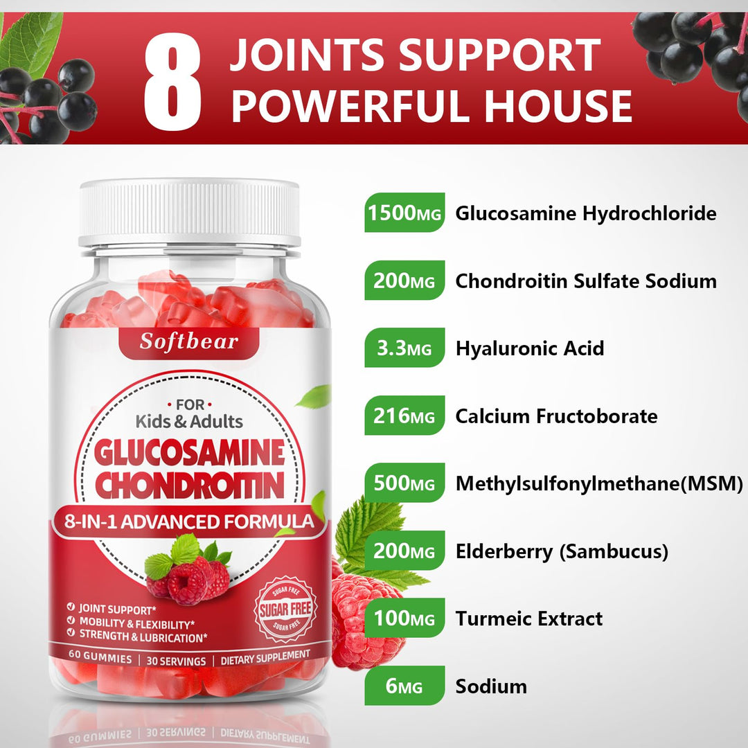Glucosamine Chondroitin Gummies Sugar Free, Extra Strength Glucosamine Chondroitin Supplement for Natural Joint Support, Raspberry Flavored 60 Count
