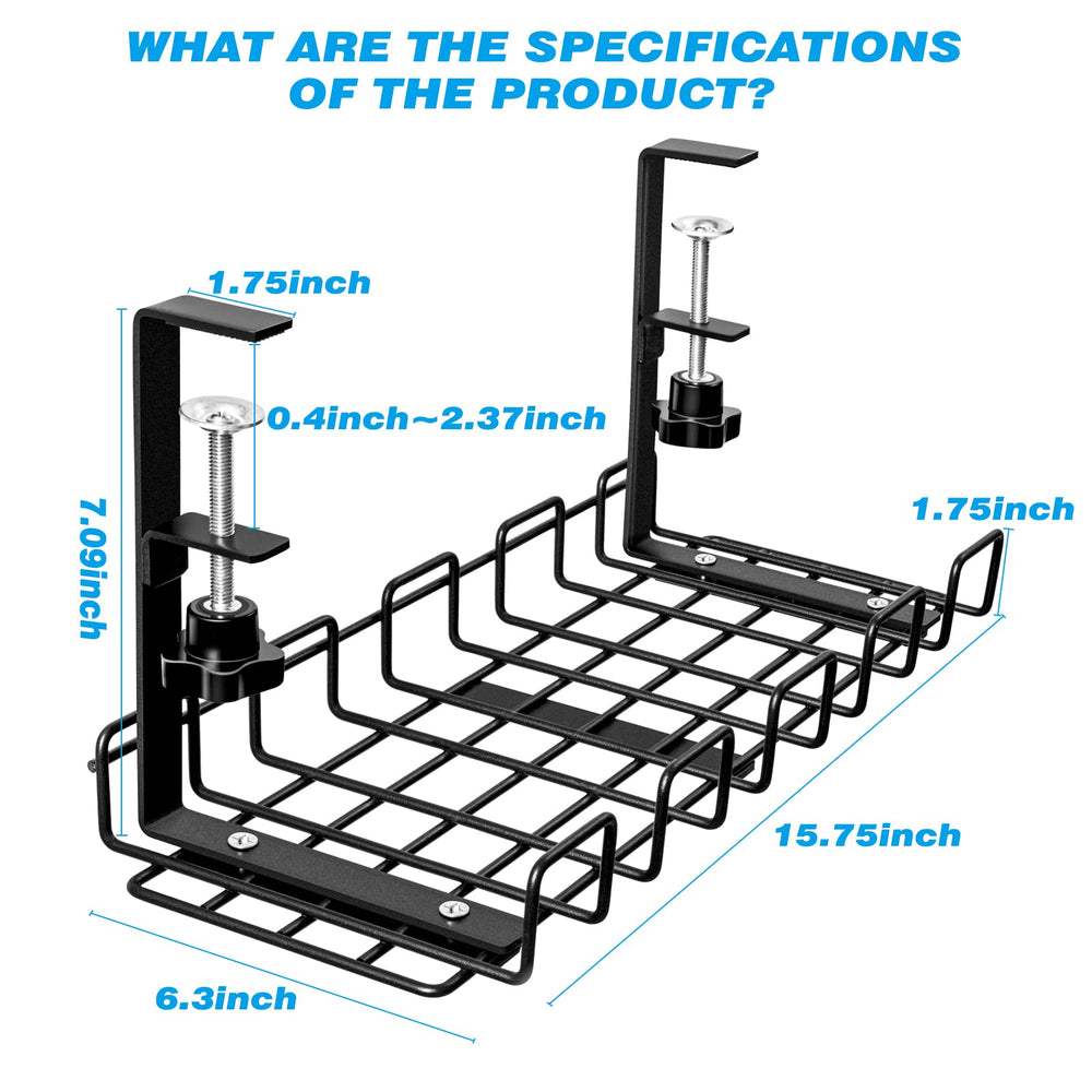 Under Desk Cable Management - Wire Organizer Under Desk - Perfect Under Table Cable Management (Black Wire Tray -L15.75'' x W6.3'' x H7.09'')