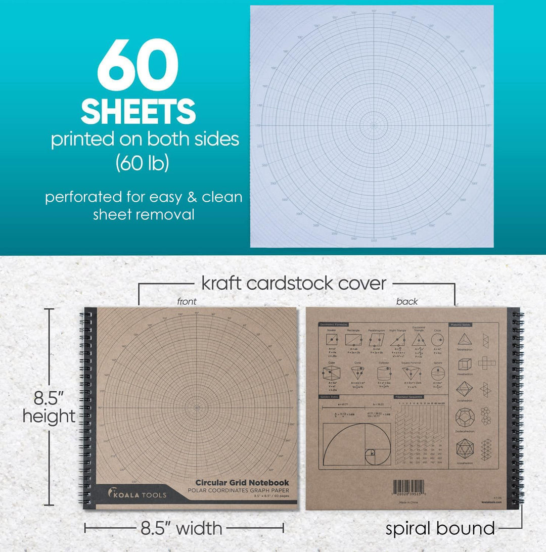 Koala Tools - Circular Grid Sketchbook with Polar Coordinate Graph Paper, Polar Grid for Circular Designs, Mandala, and Geometric Patterns, 8.5 x 8.5 inches, 60 Pages - Pack of 3