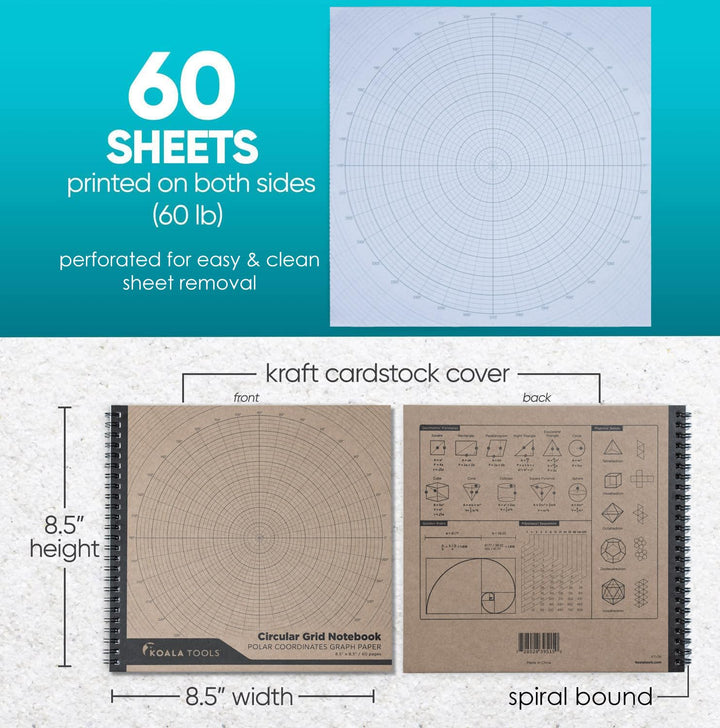 Koala Tools - Circular Grid Sketchbook with Polar Coordinate Graph Paper, Polar Grid for Circular Designs, Mandala, and Geometric Patterns, 8.5 x 8.5 inches, 60 Pages - Pack of 3