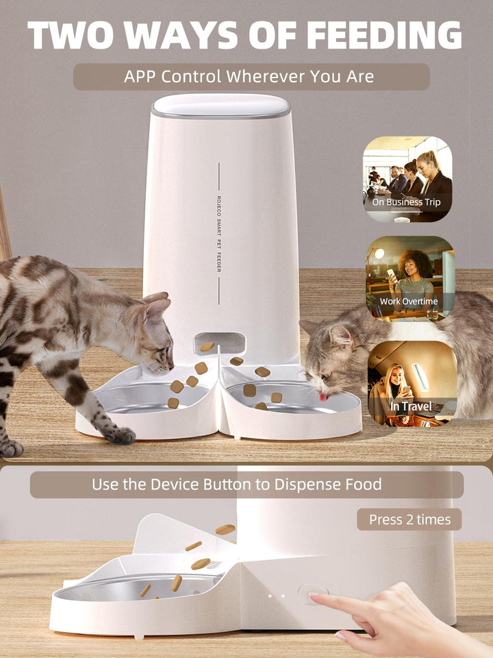 Automatic Cat Feeders for 2 Cats, 4L Cat Food Dispenser with APP Control, Double Stainless Steel Bowls, Dual Power Supply and Low Food Alarms, 2.4GHz Wi-Fi Enabled Pet Feeder for Cats and Dogs