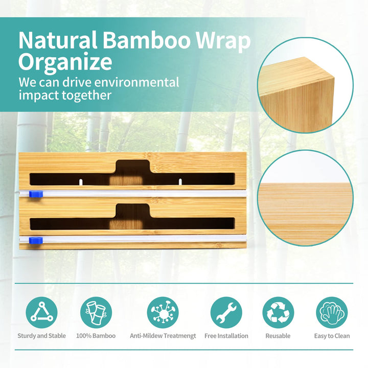 Aluminum Foil Organization and Storage, Wrap Dispenser with Cutter for Saran Wrap, Foil and Wax Paper, Bamboo Holder Compatible 12 Roll (2 Slots)