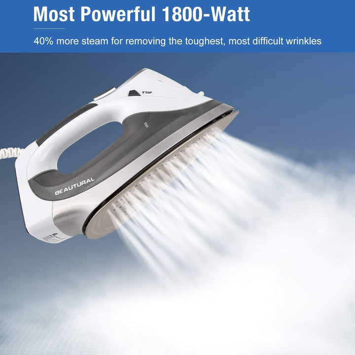 1800-Watt Steam Iron with Digital LCD Screen, Double-Layer and Ceramic Coated Soleplate, 3-Way Auto-Off, 9 Preset Temperature and Steam Settings for Variable Fabric Gray