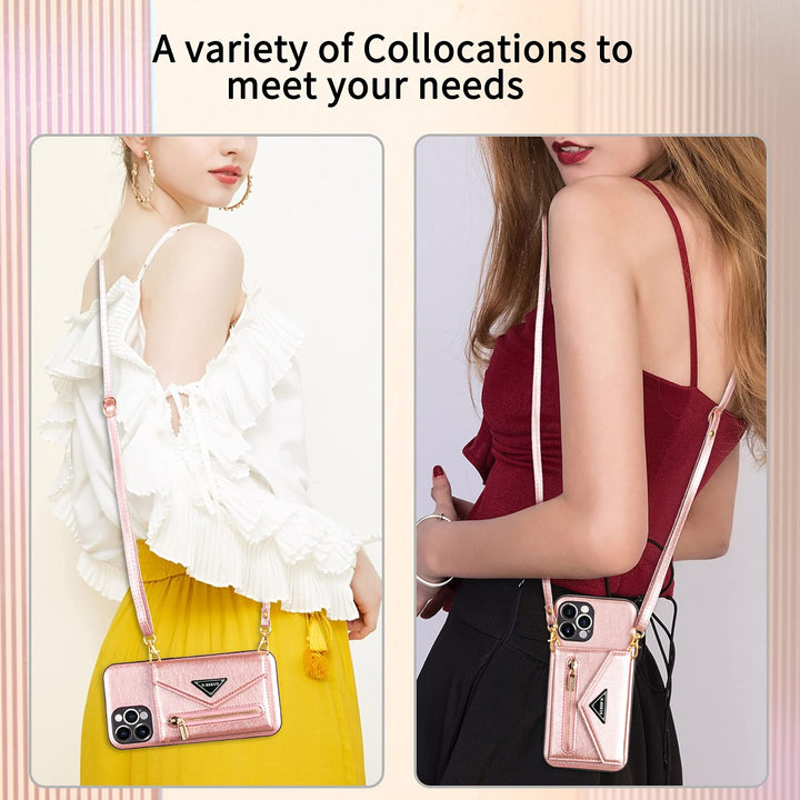 Wallet Crossbody for iPhone 13 Pro Max Phone Case with Lanyard Strap Credit Card Holder 6.7'', PU Leather Protective Handbag Zipper Purse Kickstand Cover Women Girl (Pink)