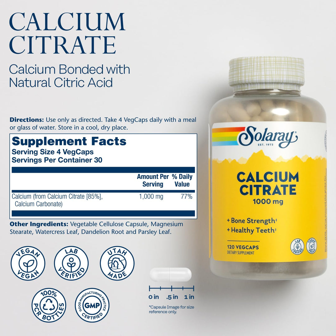 Solaray Calcium Citrate 1000mg - Chelated Calcium Supplement - Supports Bone Strength and Healthy Teeth - Easy to Digest - 60-Day Guarantee, Vegan - 30 Servings, 120 VegCaps