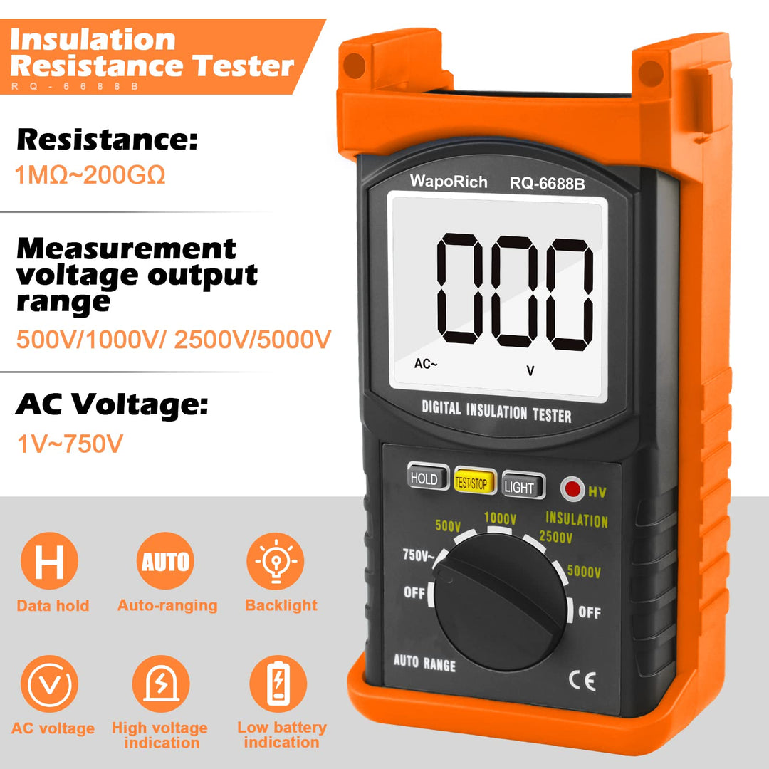 Megohmmeter 200 Gig Ohm Digital Insulation Resistance Tester 500V/1kV/2.5kV/5kV Auto Range Voltage,Resistance Tester with 1999 Count LCD Display, Data Hold, Back-Light-RQ-6688B(Orange)