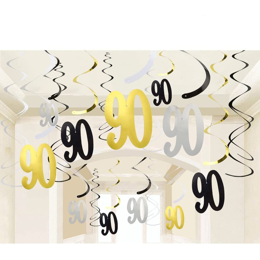 Blue Panda 30-Count Swirl Decorations - Happy Birthday Party Supplies, 90th Birthday Party Streamers, Hanging Whirl Decorations, Hanging Length: 36.5 Inches