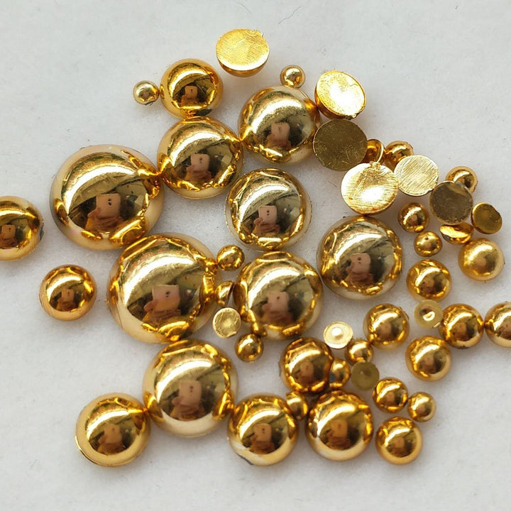 3000PCS 7 Sizes (2.5/3/4/5/6/8/10mm) 1 Box Gold Round Flatback Imitation Half Pearls Bead Loose Beads Gem (Gold Half Ball)
