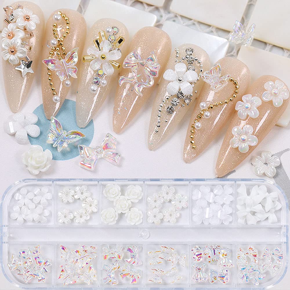 Flower Nail Art Charms 60pcs Nail Glitter Decals Decoration 3D Nail White Flower Mixed Design Acrylic Nail Stud Jewelry Salon Nail Accessories Supplies for Women DIY Manicures Tips