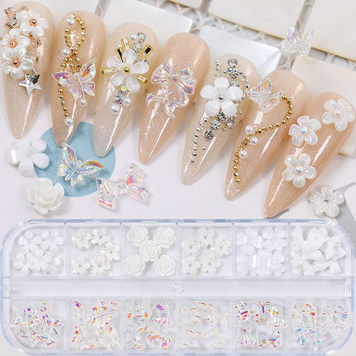 Flower Nail Art Charms 60pcs Nail Glitter Decals Decoration 3D Nail White Flower Mixed Design Acrylic Nail Stud Jewelry Salon Nail Accessories Supplies for Women DIY Manicures Tips