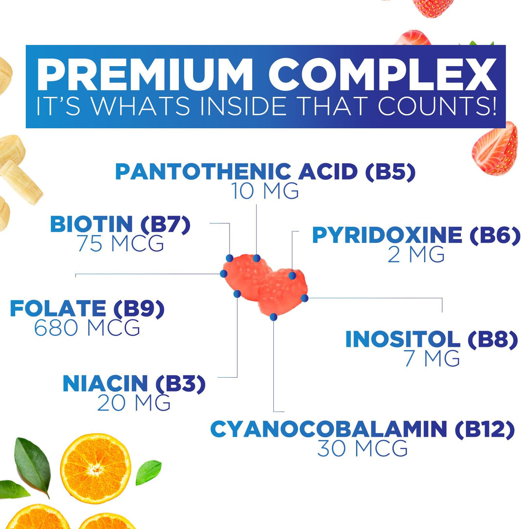 B Complex Gummy with Vitamin C & Folic Acid, Extra Strength Vitamin B Gummies Supplement with Niacin, B6, Folic Acid, Super B12, Biotin, Nature's Energy Immune Support Supplements - 120 Gummies
