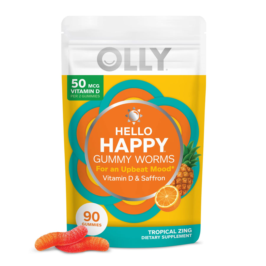 Hello Happy Gummy Worms, Mood Balance Support, Vitamin D, Saffron, Adult Chewable Supplement, Gluten Free, Tropical Zing - 90 Count