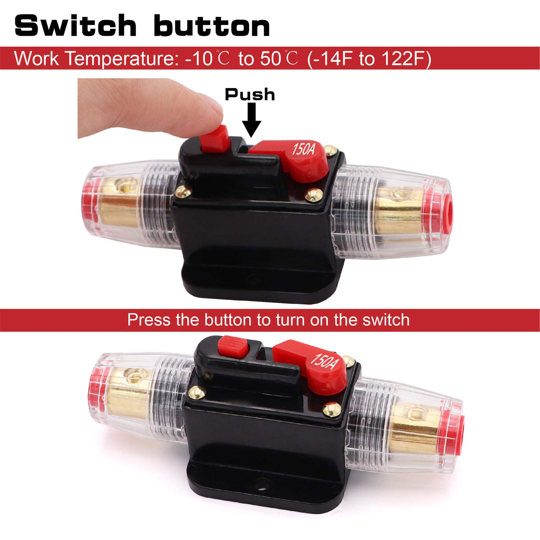 2 pcs 150A Audio Inline Circuit Breaker Reset Fuse 12V-24V DC, PowMr Reset Fuse Holder 40 amp with Manual Reset for Car Audio, Stereo Switch and Solar Inverter System