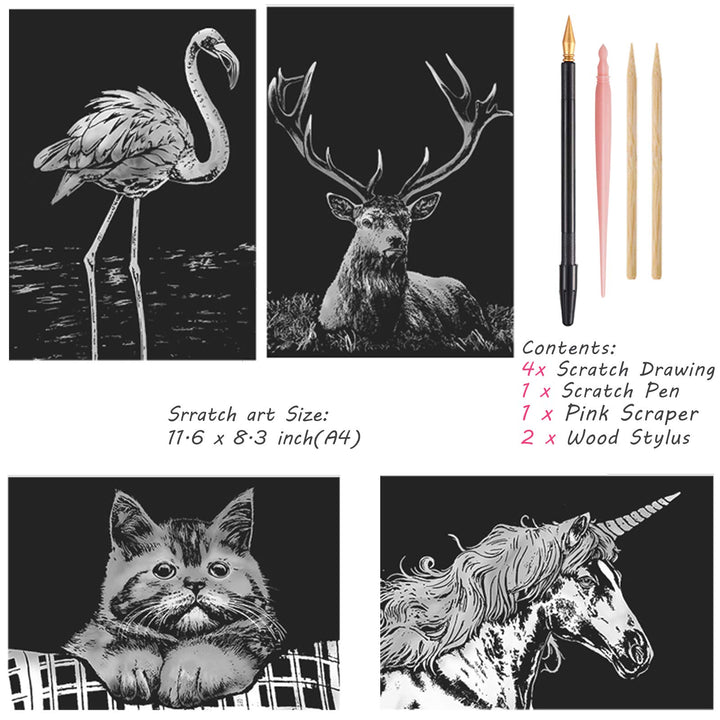 Scratch Art Rainbow Painting Paper, Craft Art Set: 4 Sheets (A4) with 4 Tools, DIY Scratchboard Crafts Womens Hobbies, Engraving Arts for Adults Scratch Painting Christmas Birthday Party Gift