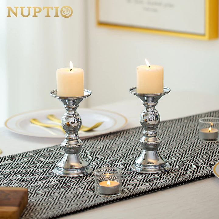 Nuptio Silver Pillar Candle Holders, Wedding Centerpieces Metal Candle Holder for 50mm Candles Stand Decoration Ideal for Weddings Special Events Parties Living Room, 2 Pcs