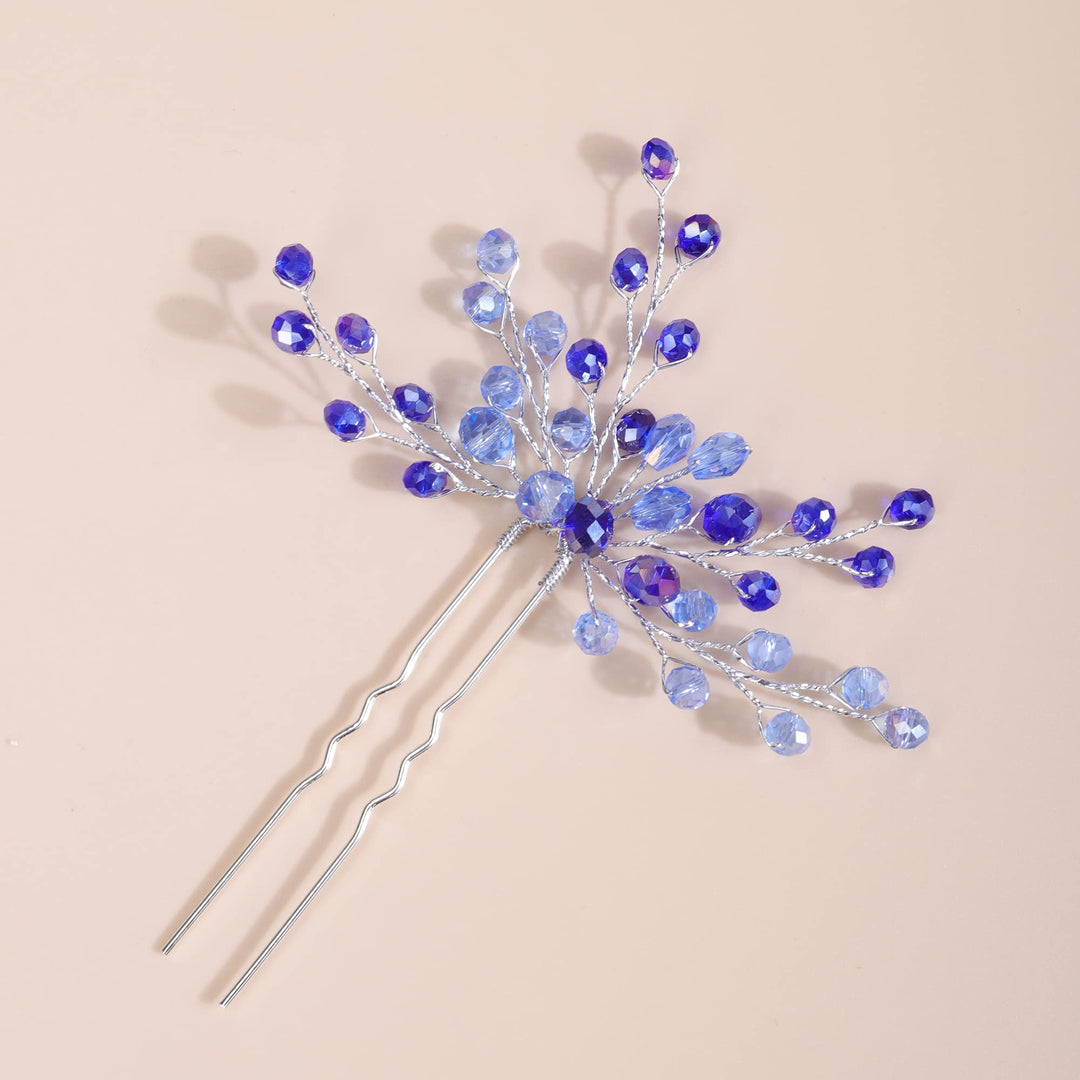 2PCS Boho Blue Crystal Hair Pins for Women and Girls Wedding Bridal Silver Hair Piece Set (Blue)