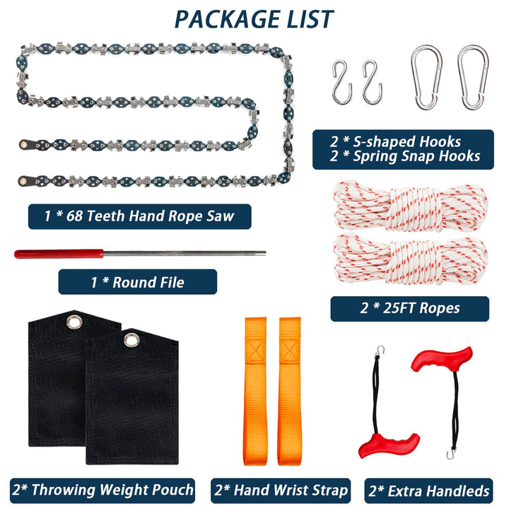 53 Inch High Reach Tree Limb Hand Rope Saw, 68 Sharp Teeth Blades on Both Sides, Folding Rope Chain Saw