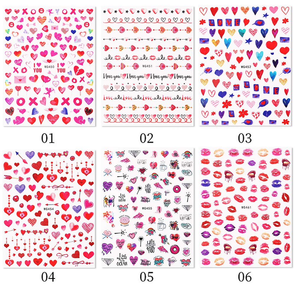 Valentine’s Day Nail Stickers 3D Self Adhesive Nail Decals 6 Sheets Valentines Nail Art Stickers for Women Heart Red Lips Nail Decals for Girls Nail Art Decorations Manicure Tips Accessories