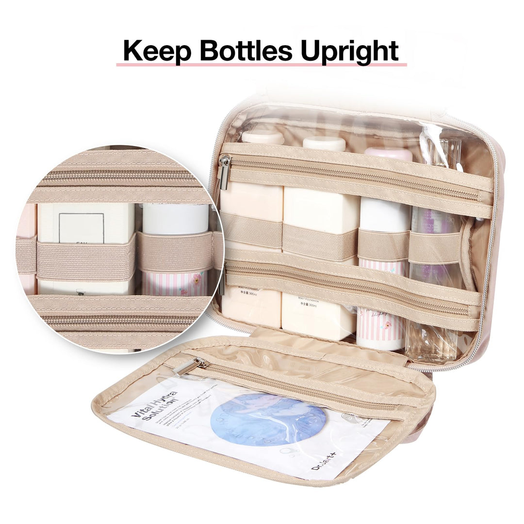 Toiletry Bag Hanging Travel Makeup Organizer with TSA Approved Transparent Cosmetic Bag Makeup Bag for Full Sized Toiletries, Large-Pink