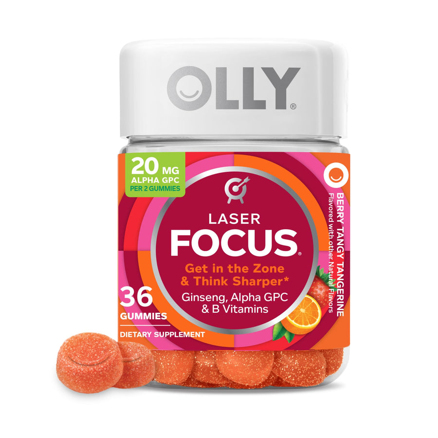 Laser Focus Gummy, Ginseng, Alpha GPC, B Vitamins, Berry Tangerine Flavor - 36 Count