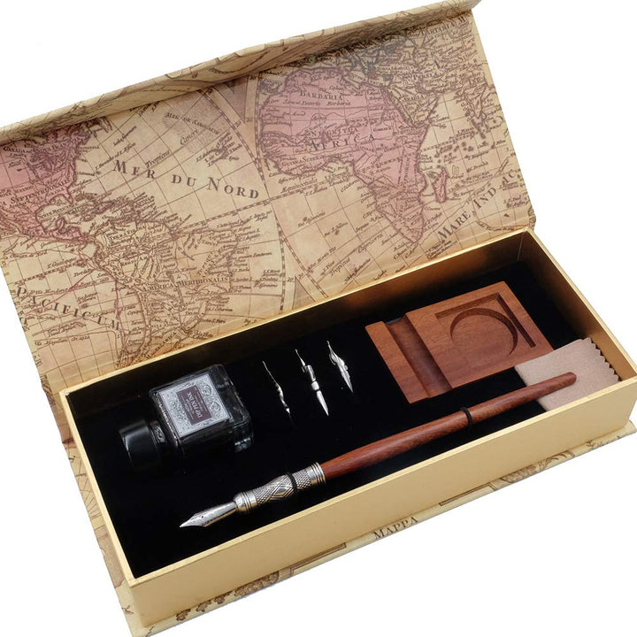 GC Antique Wooden Stem Pen Handcrafted Calligraphy Pen Set Dip Nib Pens-Writing Case With Black Ink Pen Wooden Holder Cartridges LL-182