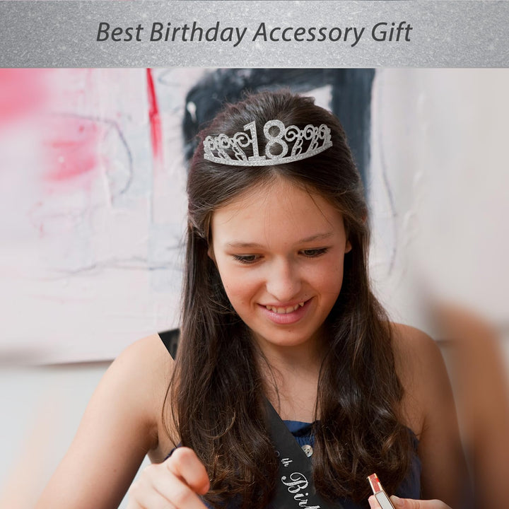 18th Birthday Gifts for Girl, 18th Birthday Tiara and Sash Silver, Happy 18th Birthday Party Supplies, 18 & Fabulous Glitter Satin Sash and Tiara Birthday Crown for 18th Birthday Party Supply