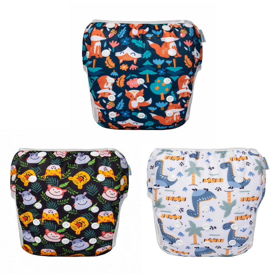 Babygoal Swim Diapers 3 Pack for 8M-3T Babies and Toddlers, Reusable Adjustable Washable for Baby Girl and Boy Swimming Lessons-Fox,Deer,Dinosaur