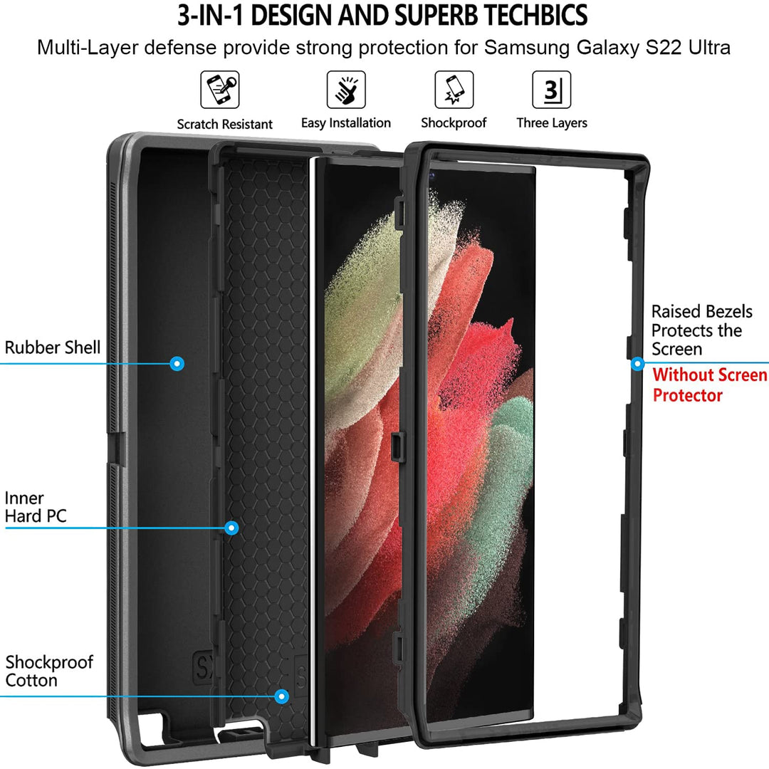 for Samsung S22 Ultra Case,Galaxy S22 Ultra Case 3-Layer Super Full Heavy Duty Body Bumper Cover/Shock Protection/Dust Proof for Samsung Galaxy S22 Ultra 5G 6.8 Inch (Black Grey)